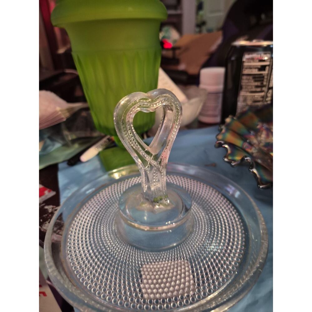 Vintage LE Smith Small Candy Tray Heart Shape Handlenround Clear Glass With...